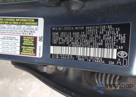 2015 Toyota Corolla Le from USA, damaged, VIN 2T1BURHE2FC344039
